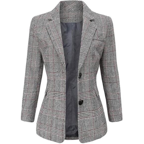 Women's Notch Lapel 2 Button Boyfriend Blazer Suit Houndstooth Plaid Jacket Coat - Picture 6 of 6
